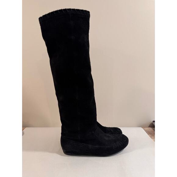 LANVIN Black Leather Suede Knee High Moccasin Boot sz 39 us 8.5